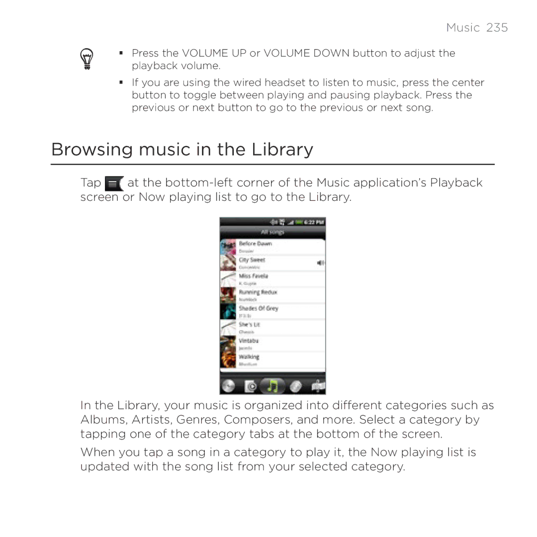 HTC HTC Desire manual Browsing music in the Library, Music  